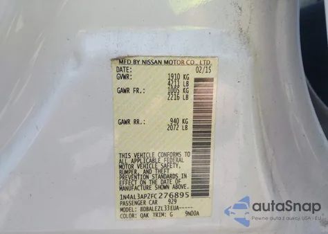 2015 Nissan Altima 2.5/2.5 S/2.5 Sl/2.5 Sv из США, поврежденный, VIN 1N4AL3AP2FC276895